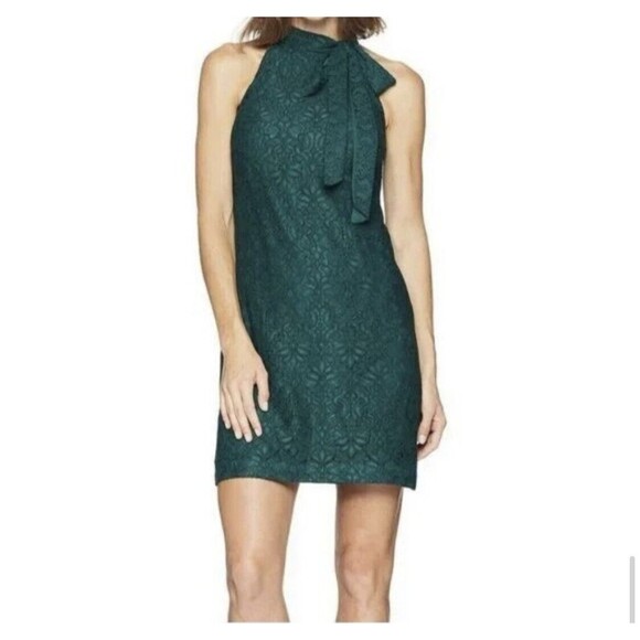 Vince Camuto Sz 14 Tie-Neck Lace Sheath Dress Navy Blue Sleeveless Zip Cocktail - Picture 3 of 16